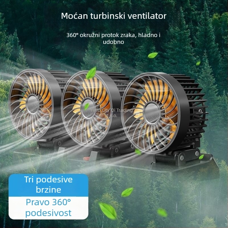 Automobilski ventilator s dvostrukom glavom za unutrašnjost (hlađenje; silikon kućište; napajanje 5V/12V/24V)