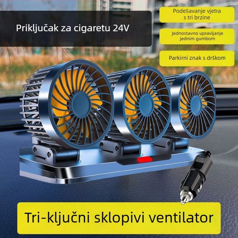 Automobilski ventilator s dvostrukom glavom za unutrašnjost (hlađenje; silikon kućište; napajanje 5V/12V/24V)