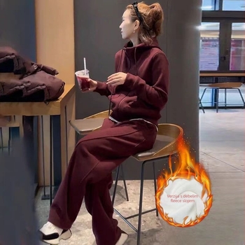 Ženski casual dvodijelni kostim: jakna s flis podstavom i široke hlače, jednofarbni uzorak, pamuk-mješavina, 70–80% pamuka, dugi rukavi, zima 2025