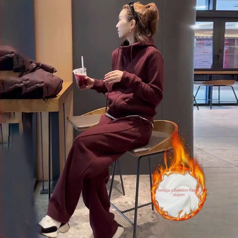 Ženski casual dvodijelni kostim: jakna s flis podstavom i široke hlače, jednofarbni uzorak, pamuk-mješavina, 70–80% pamuka, dugi rukavi, zima 2025