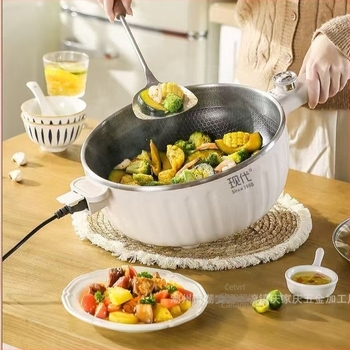 Električni wok s dugačkom drškom za kućnu upotrebu, 1500W+, za 2-3 osobe, višenamjenski: para, prženje, kuhanje, dinstanje, upravljanje gumbom