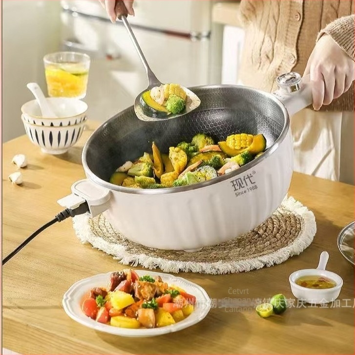 Električni wok s dugačkom drškom za kućnu upotrebu, 1500W+, za 2-3 osobe, višenamjenski: para, prženje, kuhanje, dinstanje, upravljanje gumbom