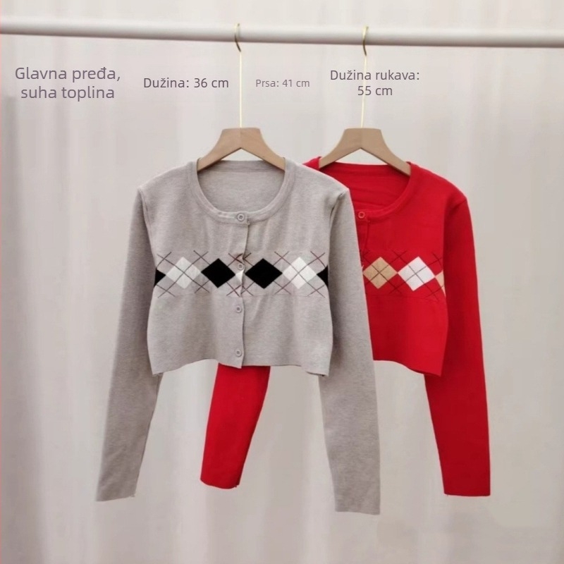 Ženski kardigan s 3D uzorkom dijamanta, dvodijelni set, dugi rukav, materijal od core-spun pređe s 30–50% elastana
