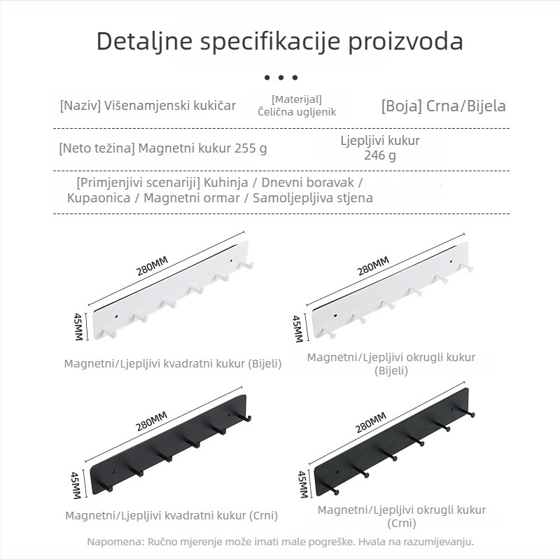 Magnetni zidni držač za kuhinju, bez bušenja, višeredni dizajn, od ugljične čelika, nosivost (3–5 kg)