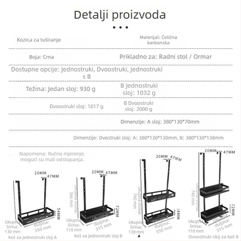 Dvostruki metalni ormarić za kupaonicu na vrata, viseća košara za kupaonicu; završna obrada bake paint; nosivost 15–20 kg