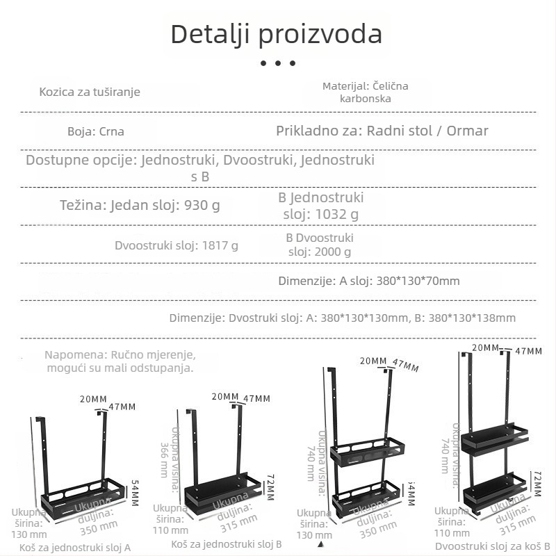 Dvostruki metalni ormarić za kupaonicu na vrata, viseća košara za kupaonicu; završna obrada bake paint; nosivost 15–20 kg