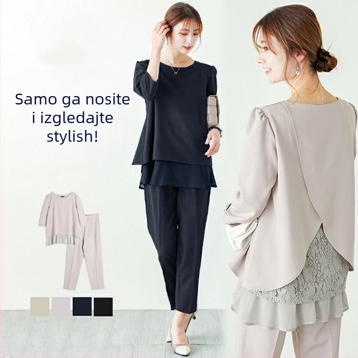 Ženski komplet s hlačama i panelnim šifonskim topom, 3/4 rukavi, poliester, japansko-korejski ležerni stil, proljeće 2023