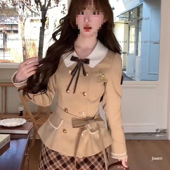 Dvodjelni kostim s blejzerom i kariranom suknjom, dugi rukav, proljeće 2025, ovčja vuna s PVC-elastanom smjesom