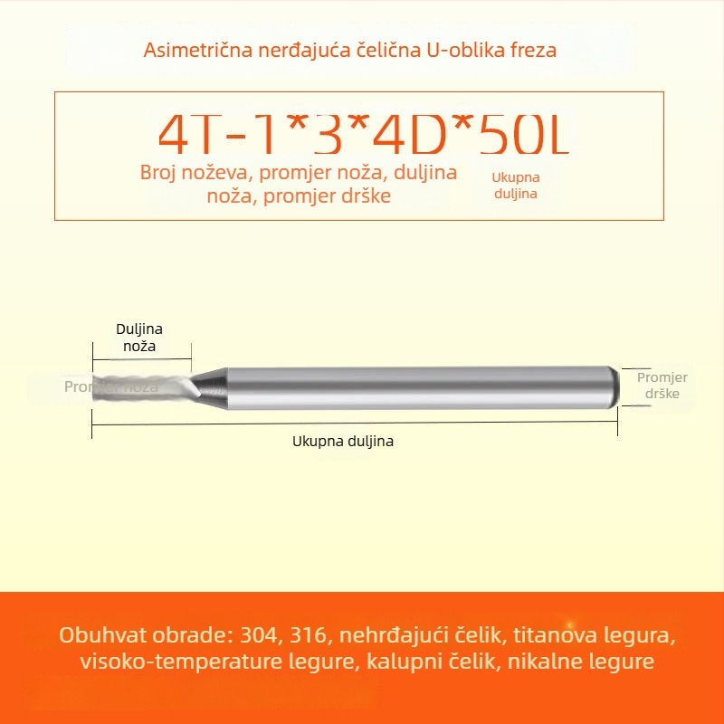 Karbidna končna freza za nehrđajući čelik, U-oblik žlijeb, četiri oštrice, integrirana gruba i završna obrada, dinamički CNC alat