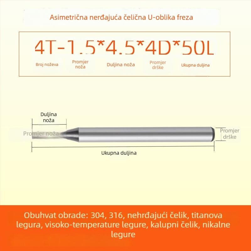 Karbidna končna freza za nehrđajući čelik, U-oblik žlijeb, četiri oštrice, integrirana gruba i završna obrada, dinamički CNC alat