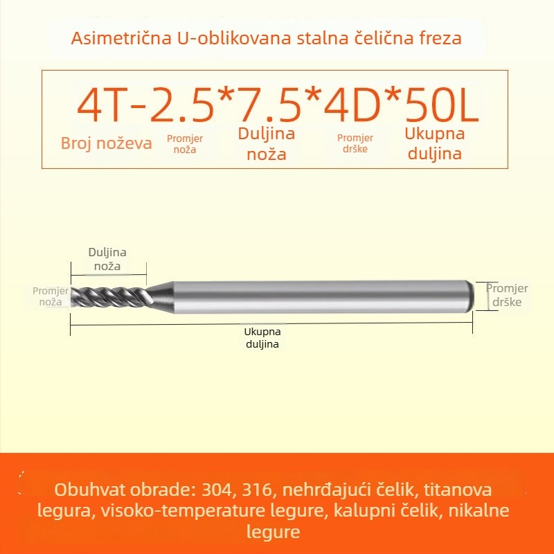 Karbidna končna freza za nehrđajući čelik, U-oblik žlijeb, četiri oštrice, integrirana gruba i završna obrada, dinamički CNC alat
