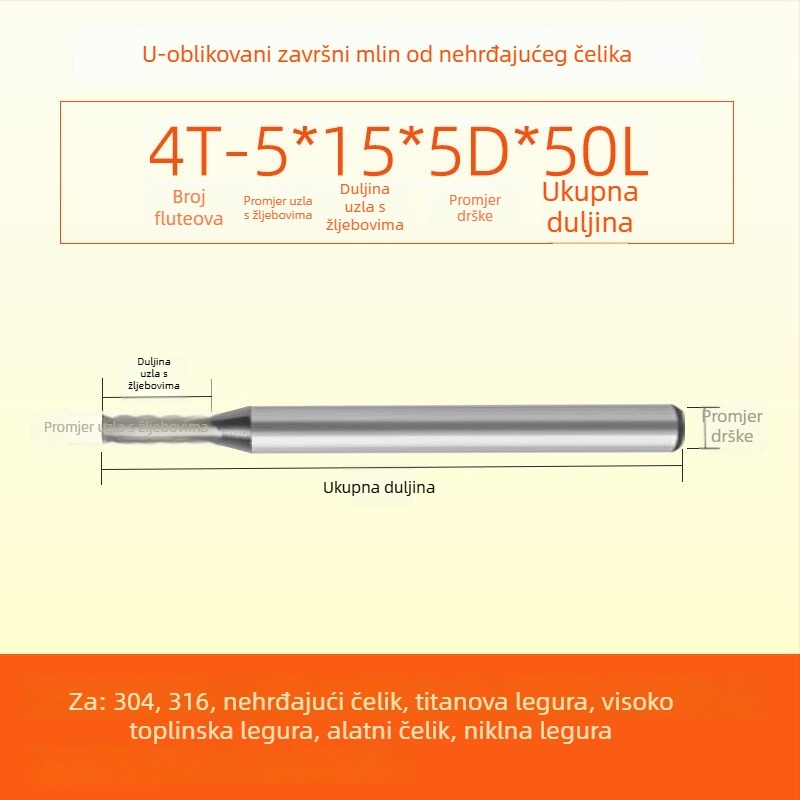 Karbidna končna freza za nehrđajući čelik, U-oblik žlijeb, četiri oštrice, integrirana gruba i završna obrada, dinamički CNC alat