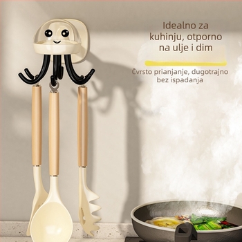 Rotirajući zidni držač kuhinjskih pomagala u obliku meduze, plastični kukice, više od tri kuka, nosivost 1–3 kg, moderni minimalistički stil