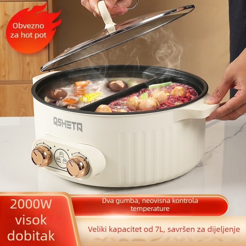 Domaći električni lonac za kuhanje s podjelom okusa i neovisnim upravljanjem, kapacitet 6L+, crni keramički ne-prijanjajući unutarnji lonac, Shabu-shabu i grill