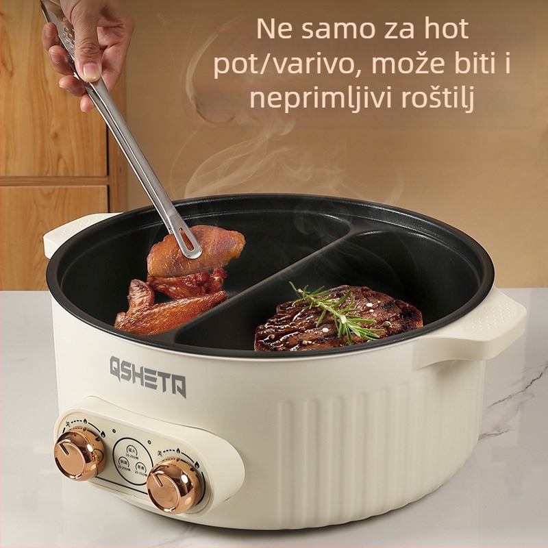 Domaći električni lonac za kuhanje s podjelom okusa i neovisnim upravljanjem, kapacitet 6L+, crni keramički ne-prijanjajući unutarnji lonac, Shabu-shabu i grill