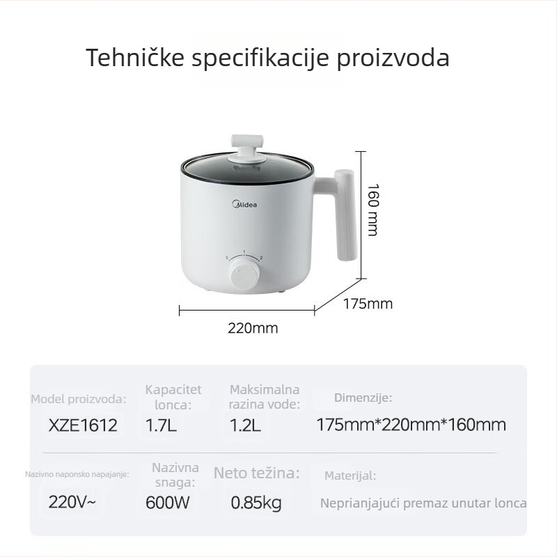 Midea električna posuda za kuhanje XZE1612 — Kapacitet do 2 l; Težina 850 g; Upravljački gumb; Duljina napojnog kabla 0,8 m.