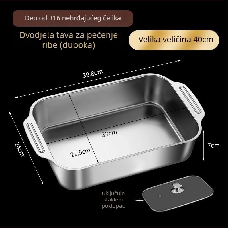 Ploča za roštilj za ribu od 316 nehrđajućeg čelika, jednoplošna, duboka, s dvije ručke (Materijal: nehrđajući čelik; Oblik: kvadrat; Završna obrada: elektroforeza)
