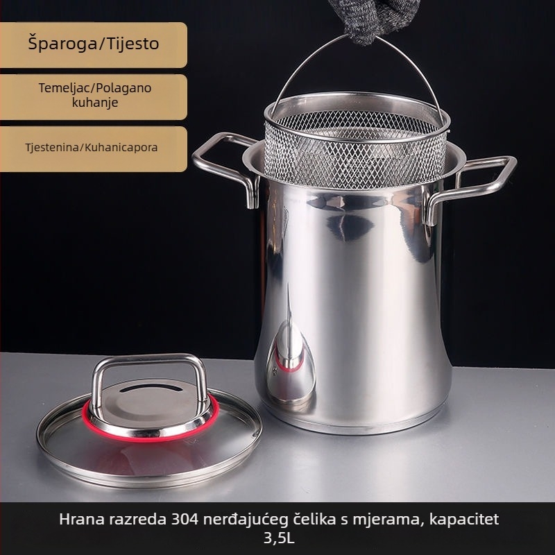 Višenamjenska posuda od 304 nehrđajućeg čelika s cjedilom, trostrukim dnom, staklenim poklopcem, kompatibilna s indukcijskom pločom