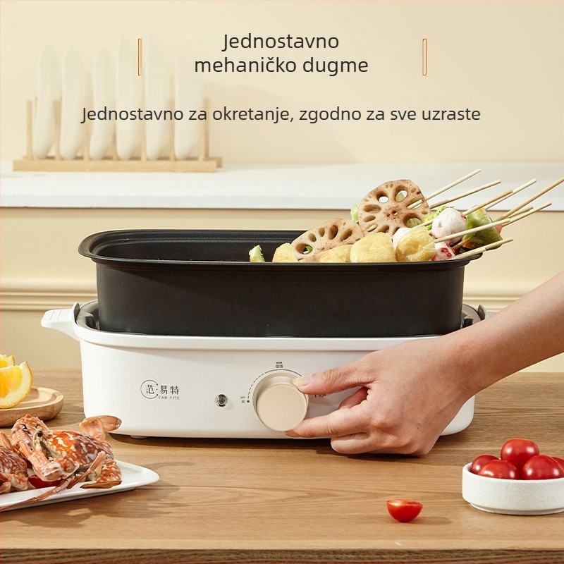 Električna višefunkcijska posuda s mogućnostima hot pot i Teppanyaki; snaga 1001–1200 W; plastično kućište; pogodno za 3–5 osoba; upravljanje gumbom