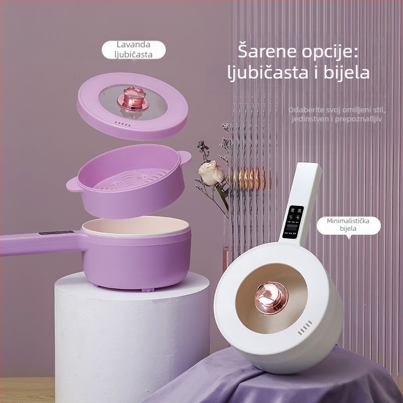 Električni lonac za studentski dom – kompaktni višenamjenski mini lonac za kuhanje rezanaca i vruće posude; snaga do 1400 W; tijelo od borosilikatnog stakla; unutarnji lonac od porcelano kristala; dubina unutarnjeg lonca 10 cm; upravljanje gumbom