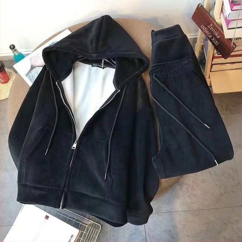Ženski dvodijelni set s jaknom na zip i fleece podstavom, korejskog stila, opušteni sportski stil, chenille tkanina s 90–95% spandexa, dugi rukavi