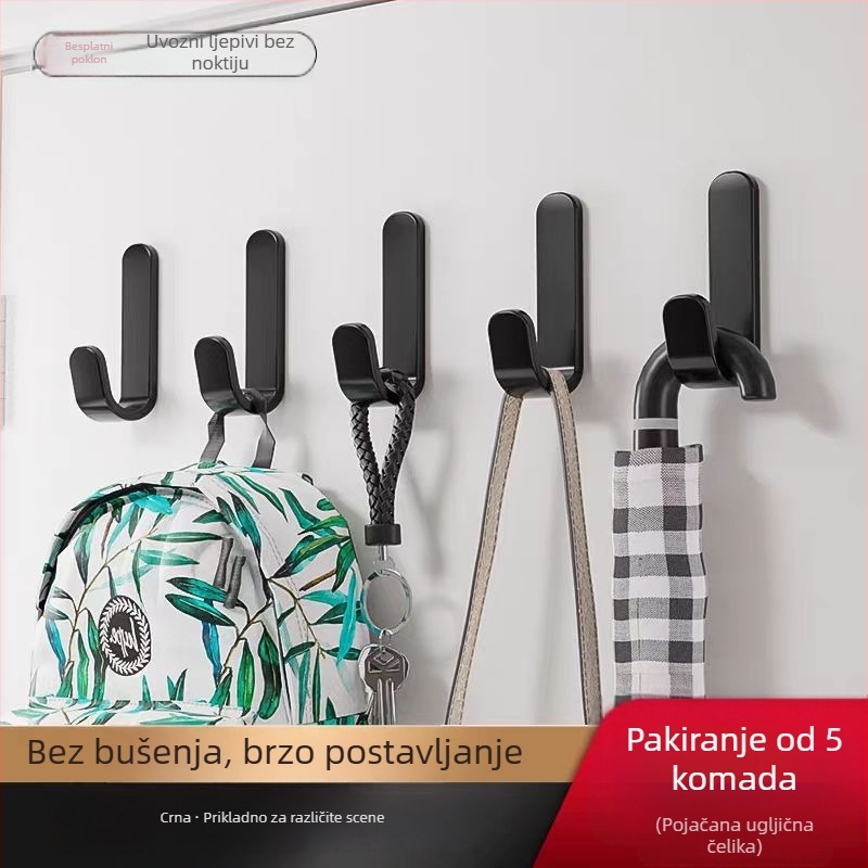 Zidni kuka s jakim ljepilom, bez bušenja — nosivi vješalica za kuhinju i kupaonicu; Materijal: željezo; Ugradnja: bez bušenja; Stil: moderan minimalisticki; Težina: 90 g za 5 komada
