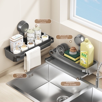 Regal za spužvu s usisnom čašom — zidni organizator kuhinje, plastičan, bez ugradnje