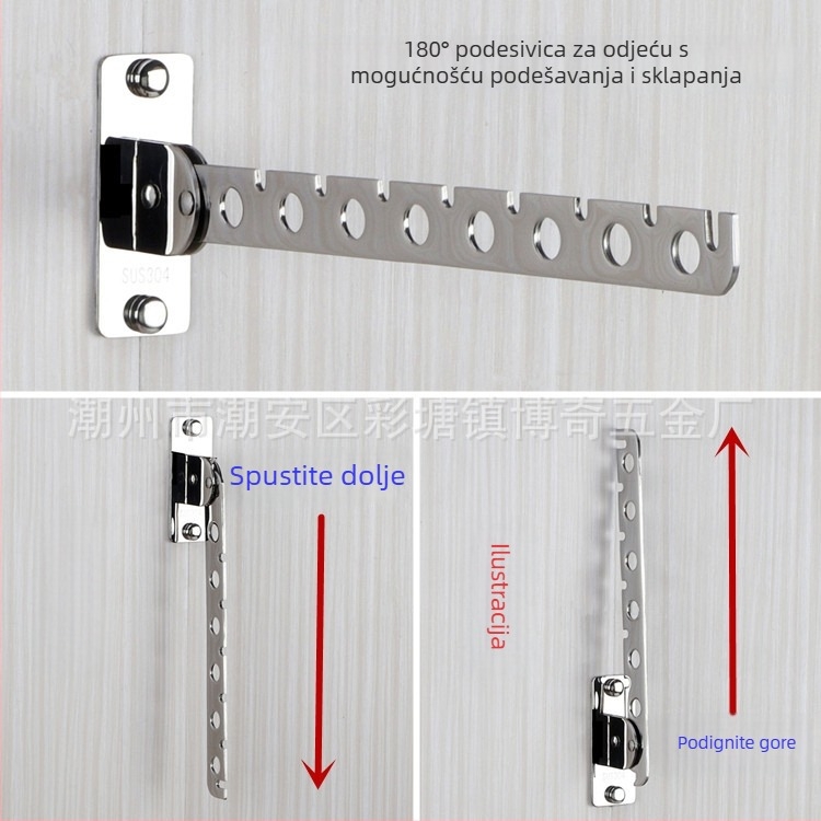 Bochi Hardware Držač za odjeću od nehrđajućeg čelika 304, s pomičnim okretom i sklopivom šipkom, polirana površina, montaža s 6/8/10 rupa
