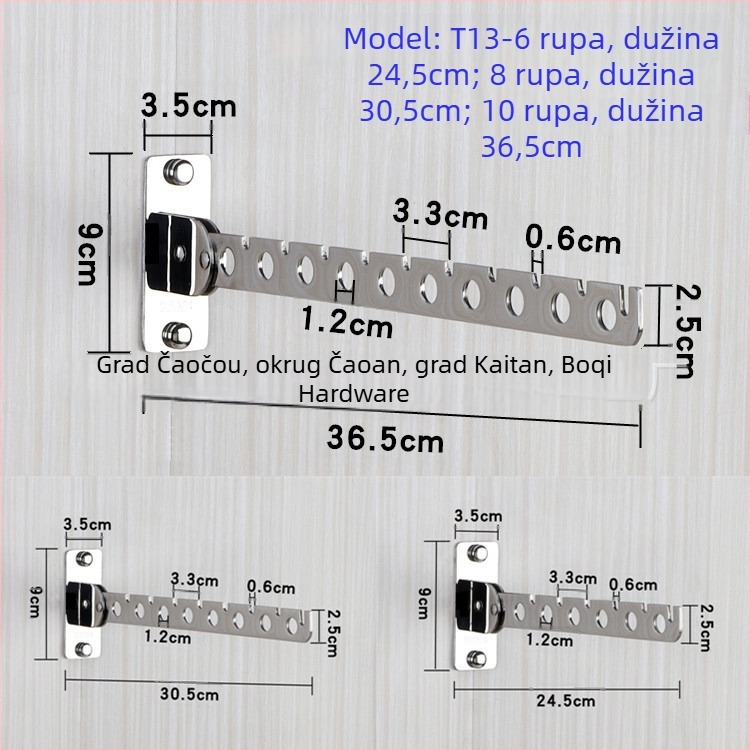 Bochi Hardware Držač za odjeću od nehrđajućeg čelika 304, s pomičnim okretom i sklopivom šipkom, polirana površina, montaža s 6/8/10 rupa