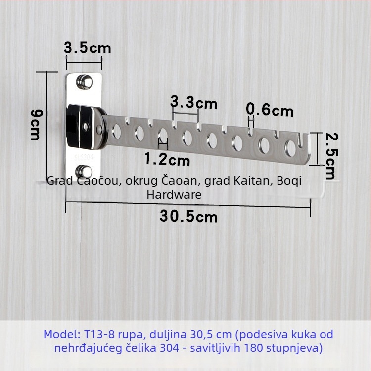 Bochi Hardware Držač za odjeću od nehrđajućeg čelika 304, s pomičnim okretom i sklopivom šipkom, polirana površina, montaža s 6/8/10 rupa