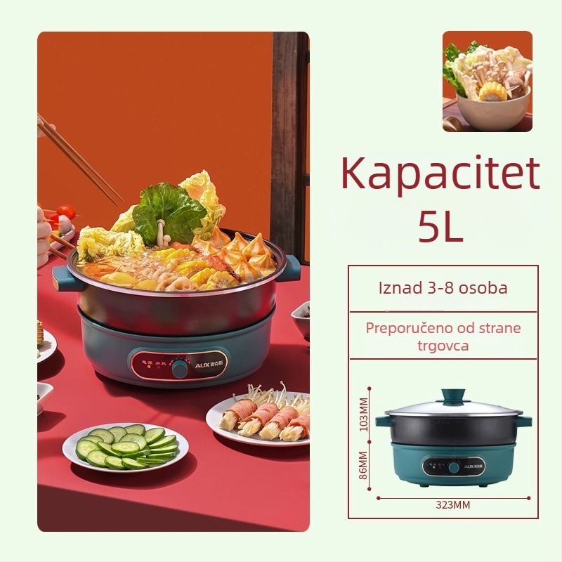 Aux Lonac za kuhanje s podijeljenim dizajnom, 4–5 L kapaciteta, 1200–1500 W, unutarnja posuda od legure, zaštita od suhog kuhanja, pogodno za 5–6 porcija
