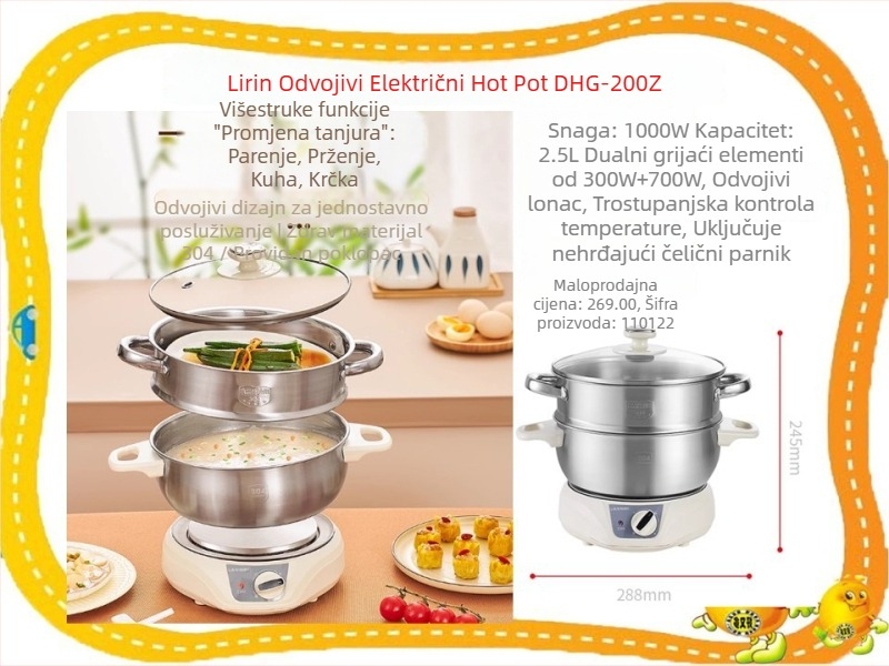 Električni lonac za kuhanje s parom (1–2 L, 801–1000 W, funkcija pare, zaštita od suhog rada, 220V)