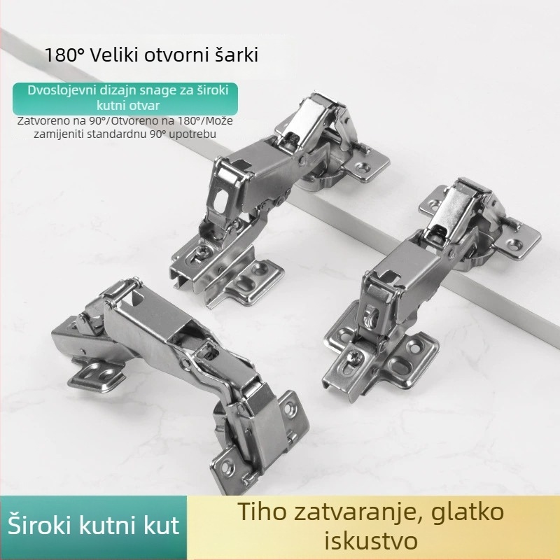 180° šarnir za drvena vrata ormara s tlmičem; materijal: hladno valjani čelik; završna obrada: niklano; kod proizvoda: 180° šarnir; marka: Cupboard lebao