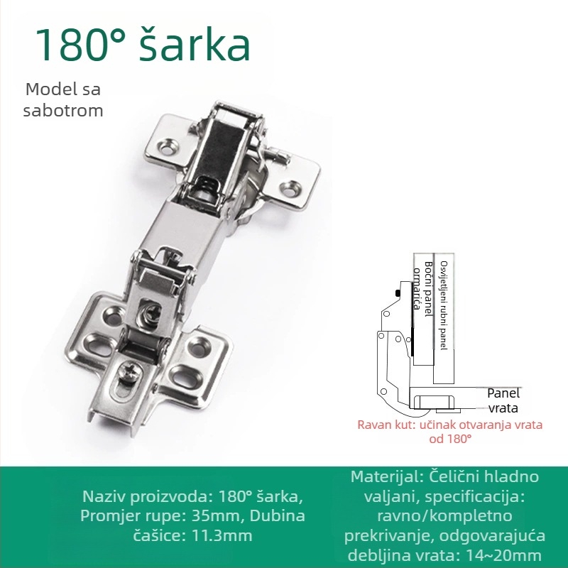 180° šarnir za drvena vrata ormara s tlmičem; materijal: hladno valjani čelik; završna obrada: niklano; kod proizvoda: 180° šarnir; marka: Cupboard lebao