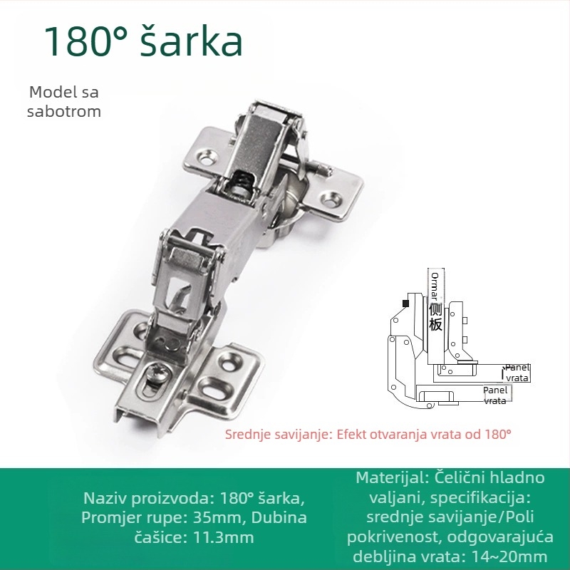 180° šarnir za drvena vrata ormara s tlmičem; materijal: hladno valjani čelik; završna obrada: niklano; kod proizvoda: 180° šarnir; marka: Cupboard lebao