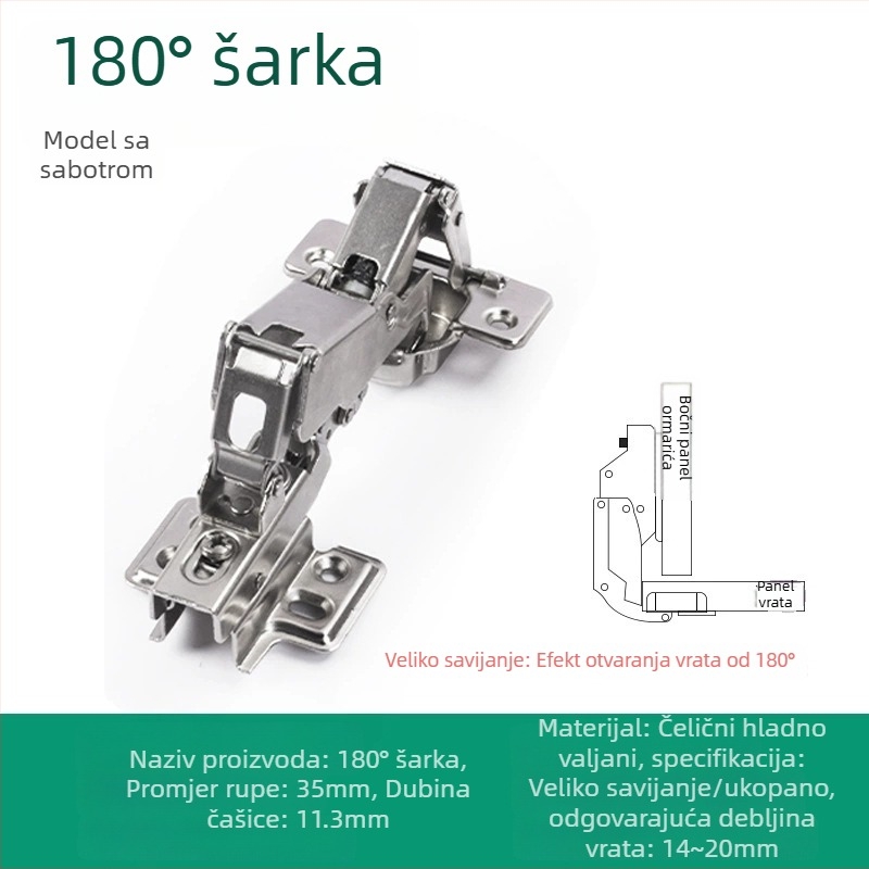 180° šarnir za drvena vrata ormara s tlmičem; materijal: hladno valjani čelik; završna obrada: niklano; kod proizvoda: 180° šarnir; marka: Cupboard lebao