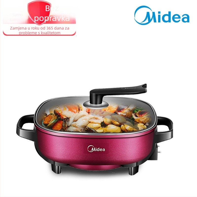 Električna posuda Midea MC-LHN30D – višenamenska posuda za hot pot, kuhanje na pari, prženje i grillanje; zapremina 5–6 L, snaga 1201–1500 W, unutarnja posuda od aluminijske legure, dubina 7 cm, funkcija tajmera