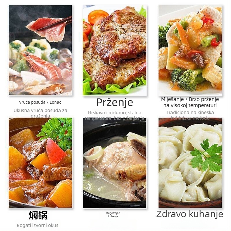 Električna posuda Midea MC-LHN30D – višenamenska posuda za hot pot, kuhanje na pari, prženje i grillanje; zapremina 5–6 L, snaga 1201–1500 W, unutarnja posuda od aluminijske legure, dubina 7 cm, funkcija tajmera