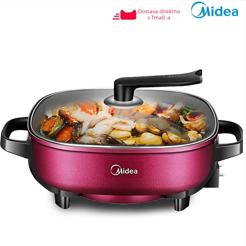 Električna posuda Midea MC-LHN30D – višenamenska posuda za hot pot, kuhanje na pari, prženje i grillanje; zapremina 5–6 L, snaga 1201–1500 W, unutarnja posuda od aluminijske legure, dubina 7 cm, funkcija tajmera