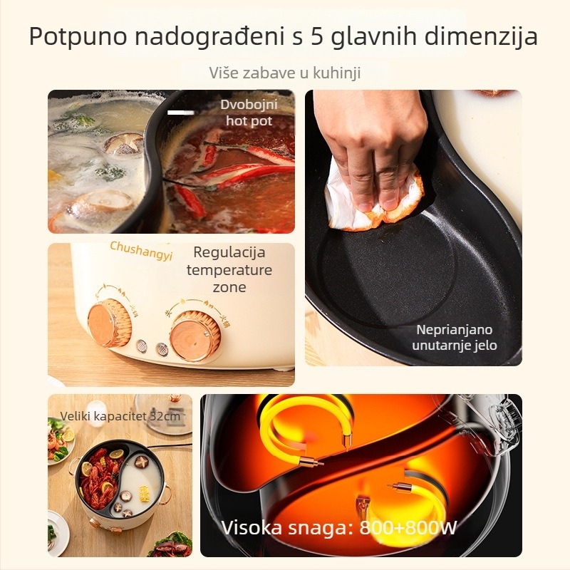 Dualno električno kuhalo s wokom, kapacitet 4.1–6 L, za 5+ osoba, unutarnji premaz protiv ljepenja, upravljanje gumbom, model WX-02