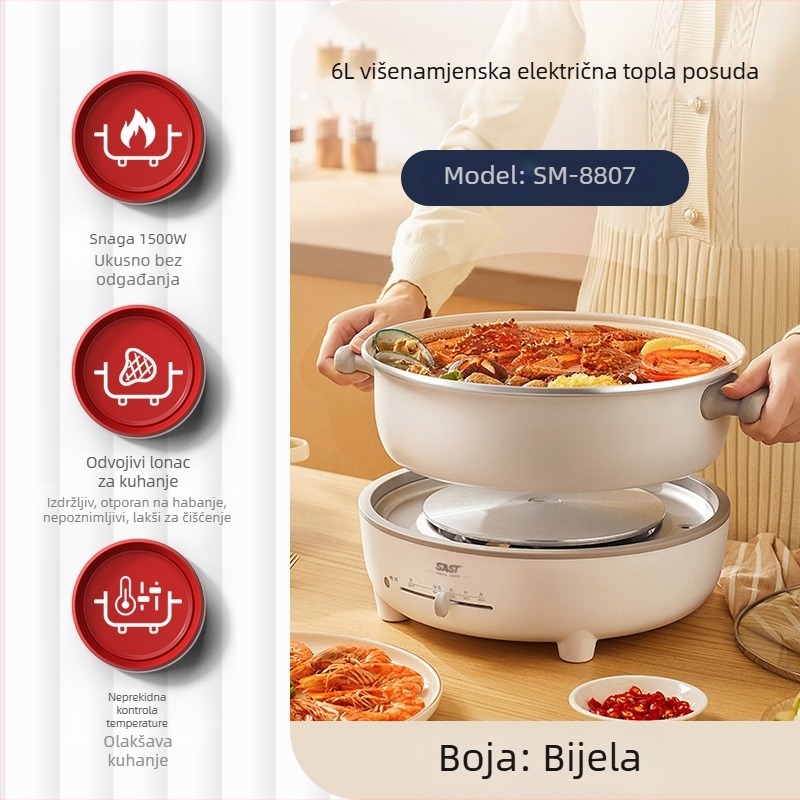 SAST Odvojivi električni lonac s unutarnjim Maifan kamenom, 6 L kapacitet, 1200–1500 W, funkcije: prženje, kuhanje, dinstanje, hot pot