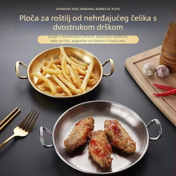Tava od nehrđajućeg čelika 304 s dvostrukim držkama, kružnog oblika, elektroplating završne obrade, minimalistički stil