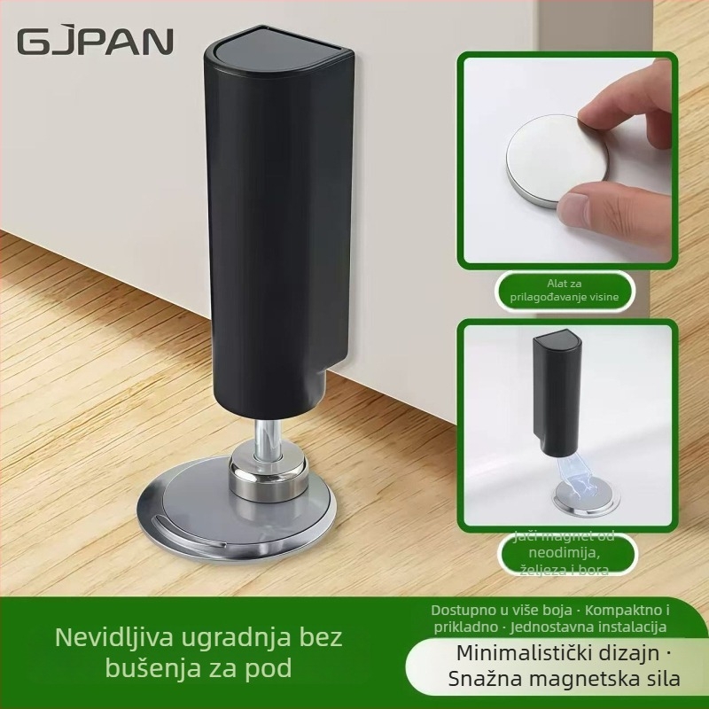 GP1 magnetski podni stopper za vrata — bez bušenja, ultra-tanka osnova, podna montaža, automatsko upravljanje, plastika, laserski gravirana površina