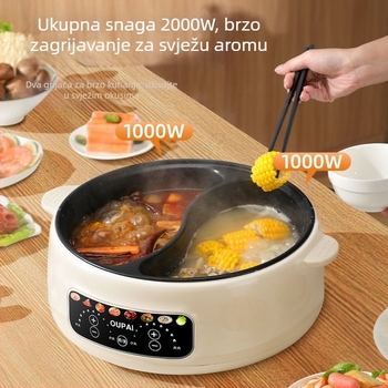 Električna posuda za hot pot s unutarnjim posudom od nehrđajućeg čelika, kapacitet 5–6 L, snaga 1000–1200 W, funkcije: para, prženje, kuhanje, dinstanje