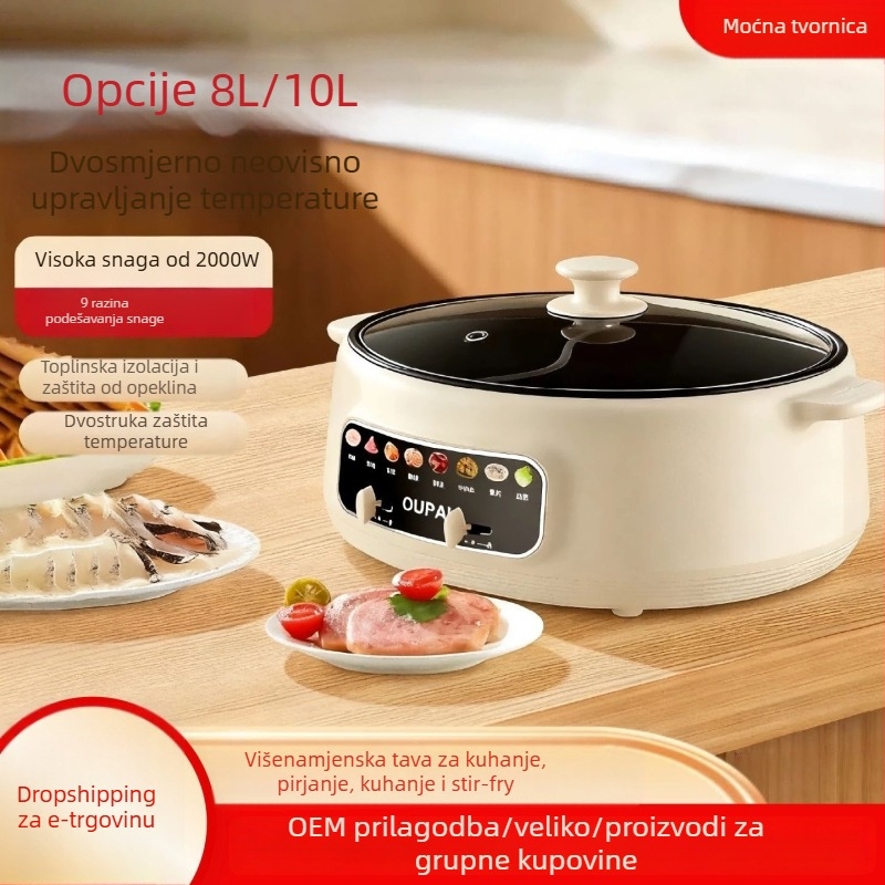Električna posuda za hot pot s unutarnjim posudom od nehrđajućeg čelika, kapacitet 5–6 L, snaga 1000–1200 W, funkcije: para, prženje, kuhanje, dinstanje