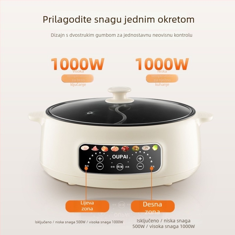 Električna posuda za hot pot s unutarnjim posudom od nehrđajućeg čelika, kapacitet 5–6 L, snaga 1000–1200 W, funkcije: para, prženje, kuhanje, dinstanje