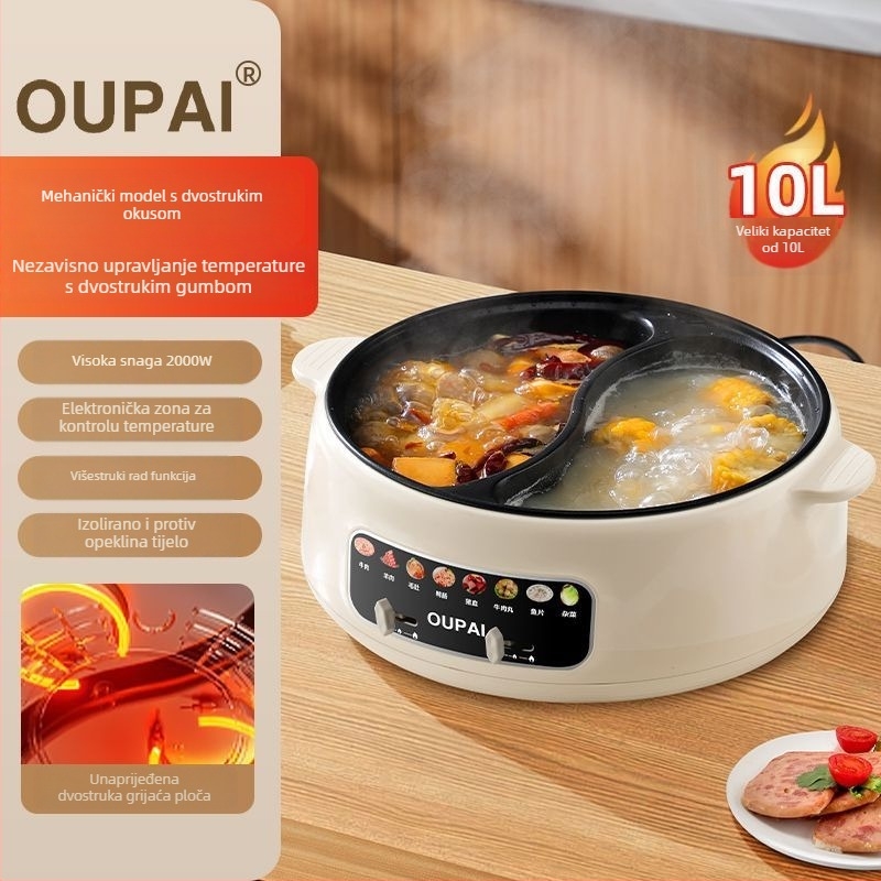 Električna posuda za hot pot s unutarnjim posudom od nehrđajućeg čelika, kapacitet 5–6 L, snaga 1000–1200 W, funkcije: para, prženje, kuhanje, dinstanje