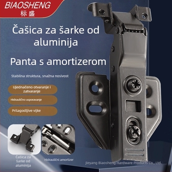 Šarnir s aluminijskim okvirom i hidrauličkom amortizacijom za vrata ormara i ormarića, hladno valjani čelik, nikl/mjed obloga, šifra proizvoda 661