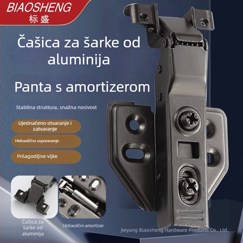 Šarnir s aluminijskim okvirom i hidrauličkom amortizacijom za vrata ormara i ormarića, hladno valjani čelik, nikl/mjed obloga, šifra proizvoda 661