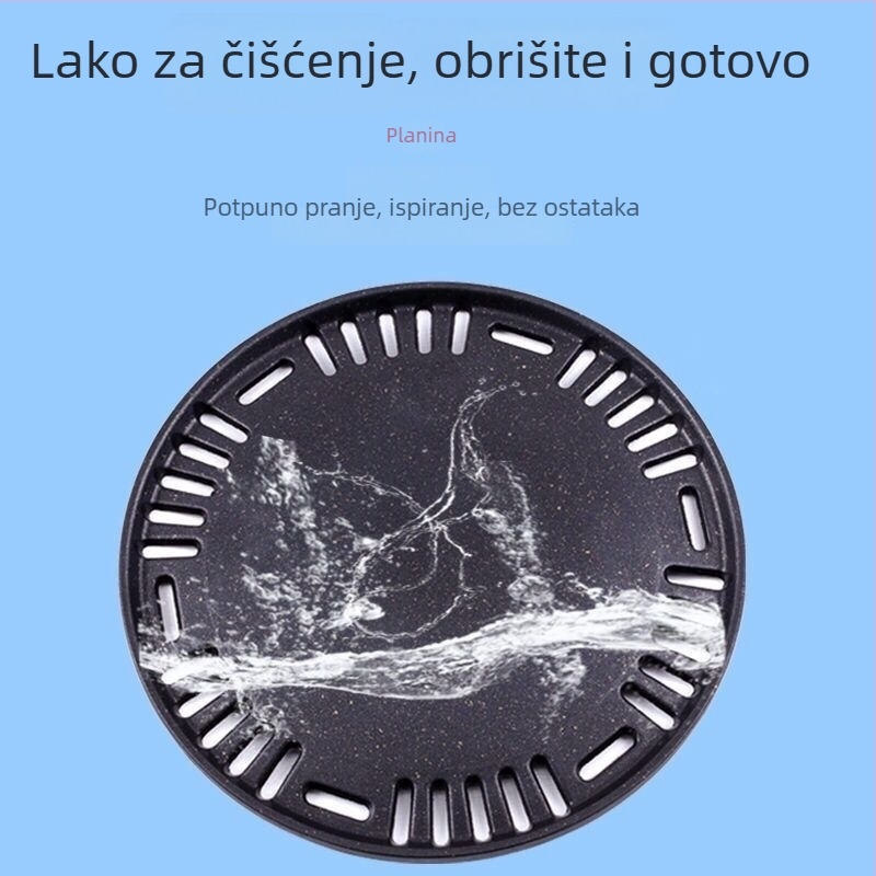 Korejski stil roštilj tava s Maifan kamenom, non-stick površina, okrugli oblik od željeza; glavni procesi: zavarivanje točkama i otiskivanje; podrijetlo: Chaozhou, Guangdong